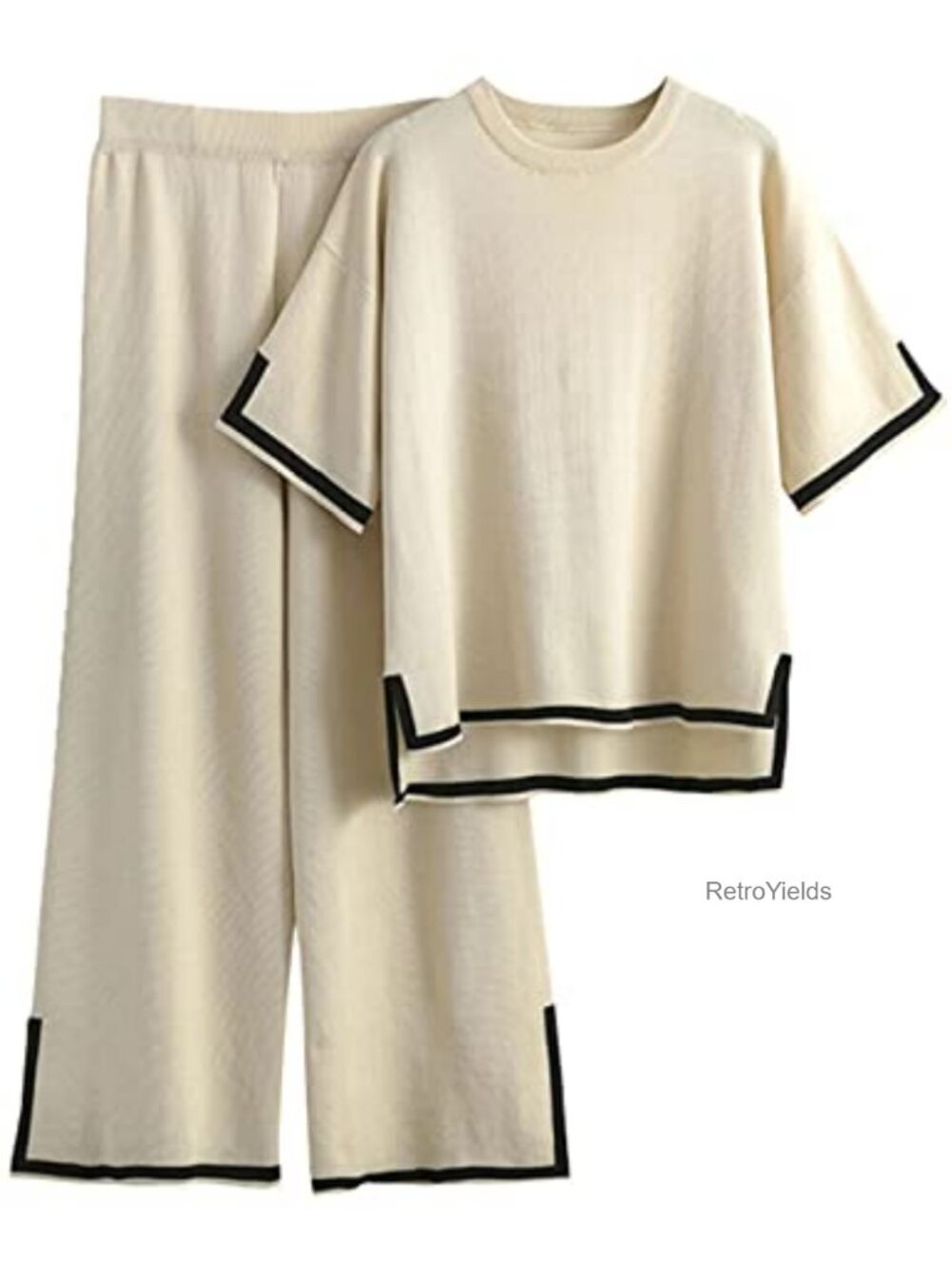 Womens Knit 2 Piece Sweater Set Short Sleeve Pullover & Wide Leg Lounge Pants